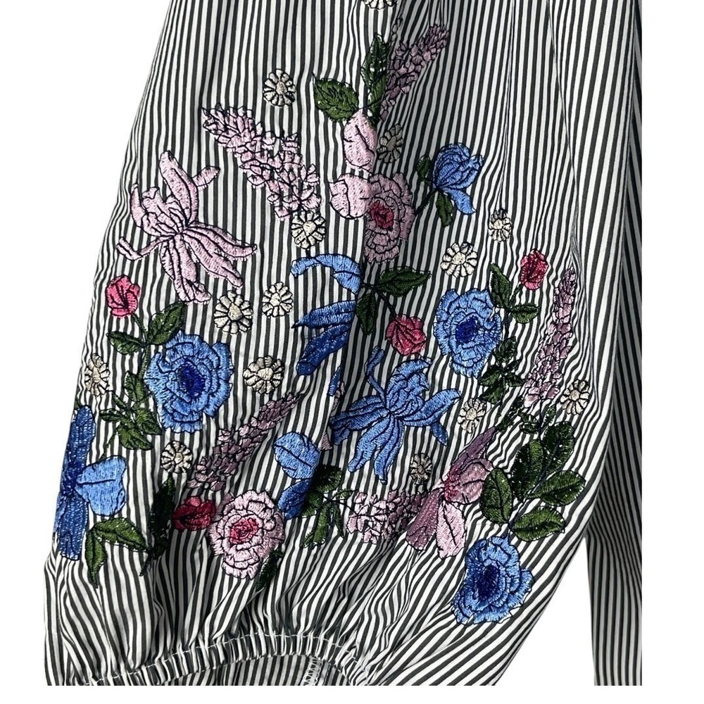 Liz Claiborne Blouse Womens XXL Black White Good Striped Floral Embroidered Puff - Picture 10 of 12